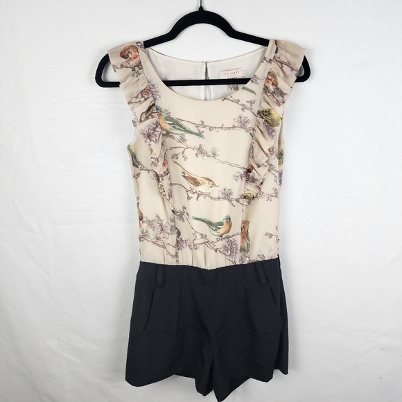 Ted Baker Chiffon Floral and Bird Print Ruffle Romper SIZE 0 - Picture 2 of 8